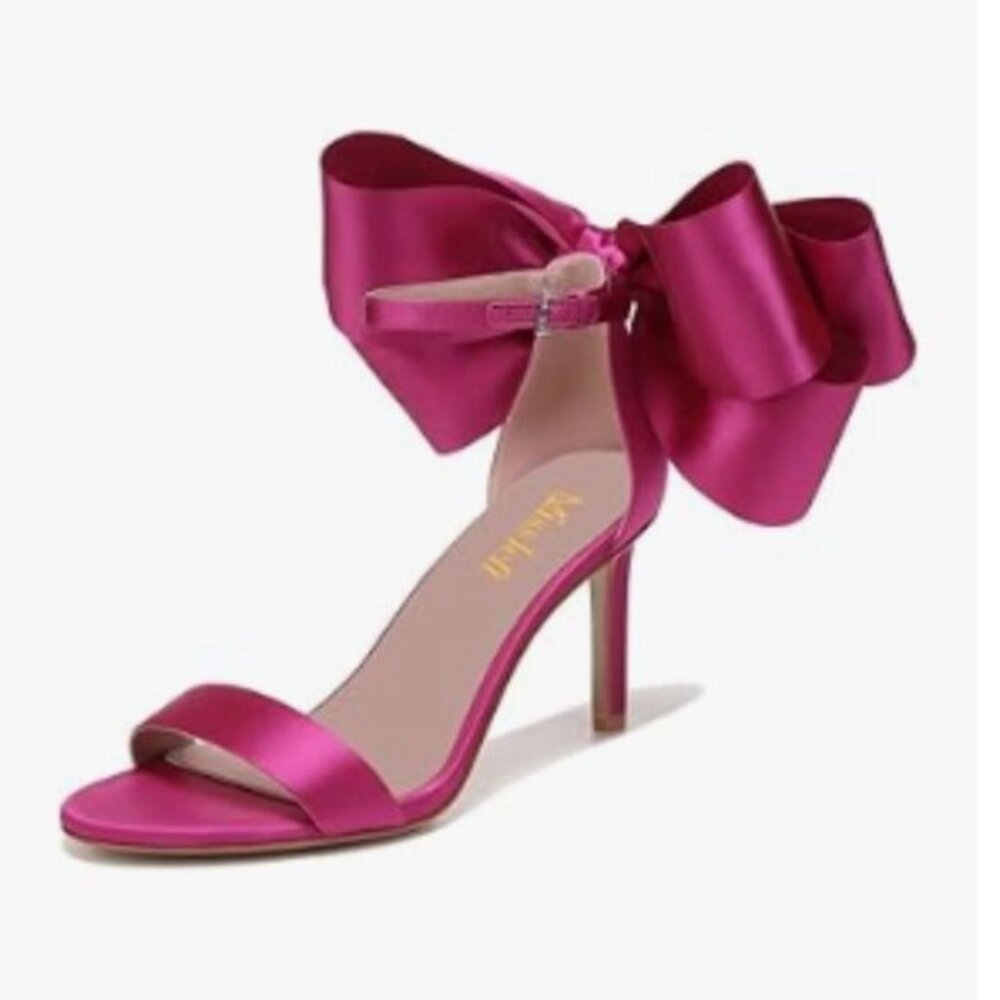 Miss Left Fuchsia Open Toe Stiletto Heel Back Bows with Strap Buckles Sandals